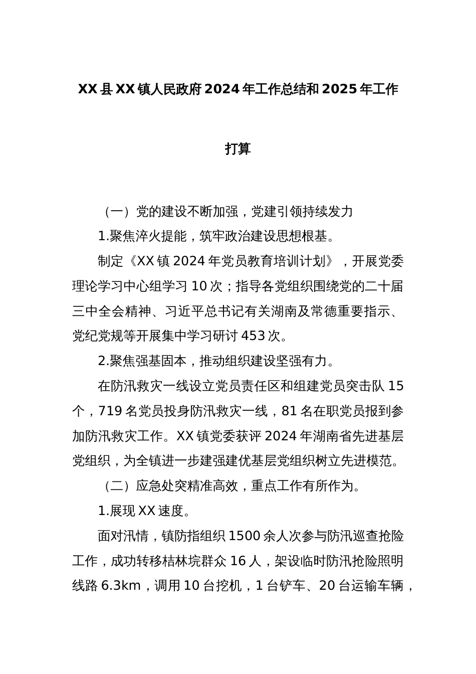 XX县XX镇人民政府2024年工作总结和2025年工作打算_第1页