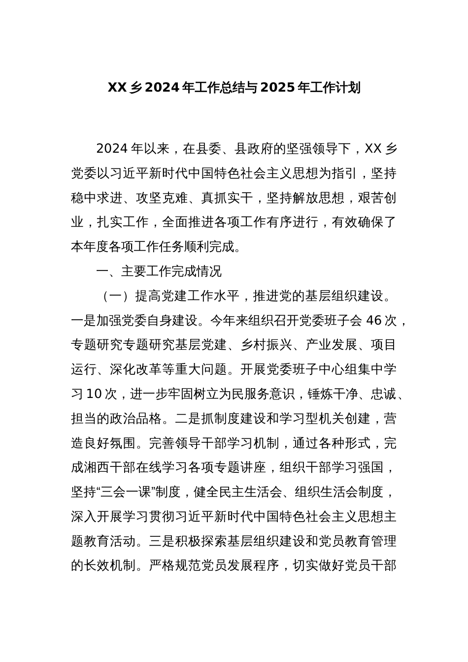 XX乡2024年工作总结与2025年工作计划_第1页