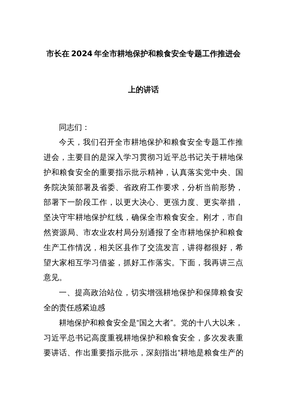 市长在2024年全市耕地保护和粮食安全专题工作推进会上的讲话_第1页