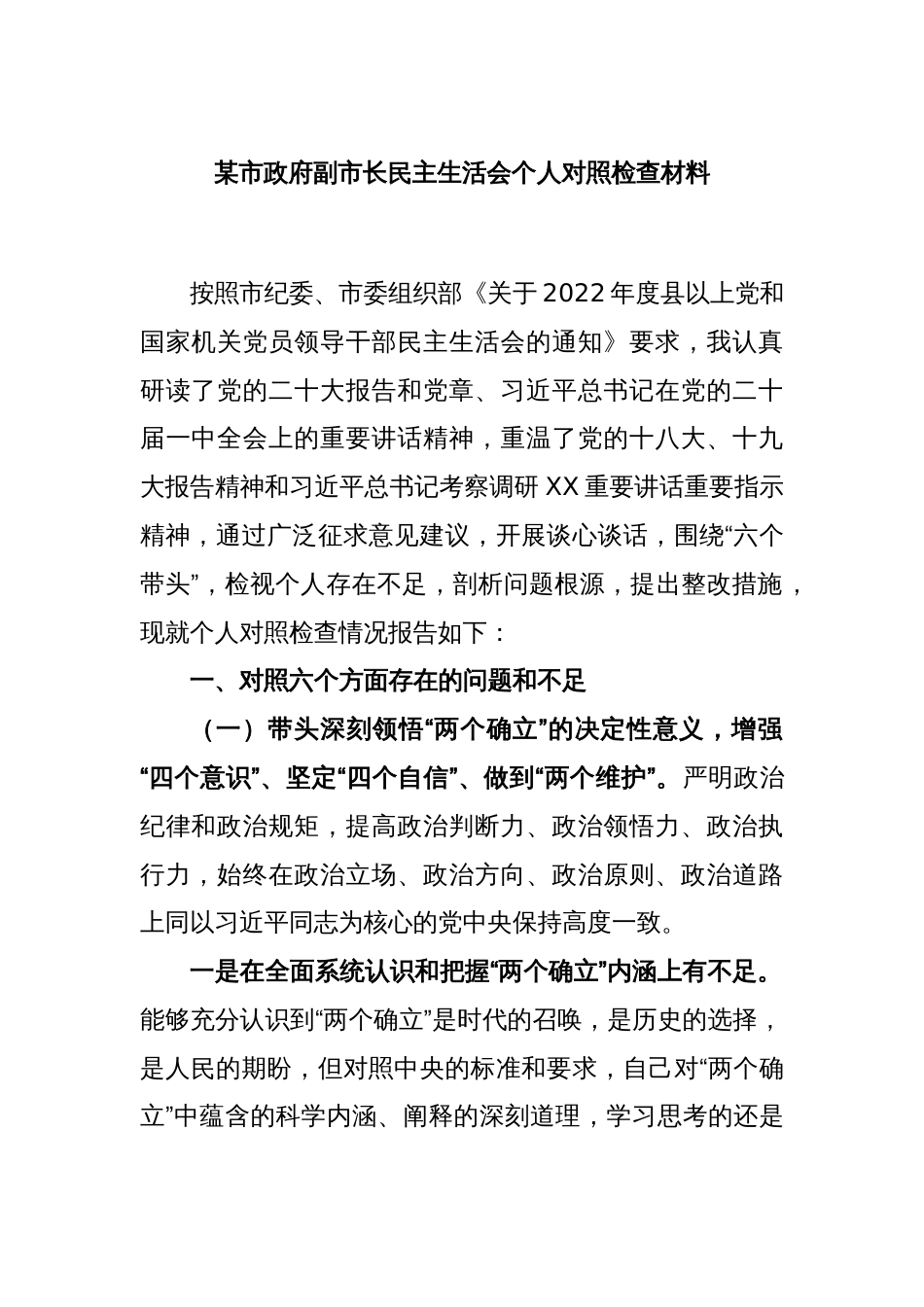 某市政府副市长民主生活会个人对照检查材料_第1页