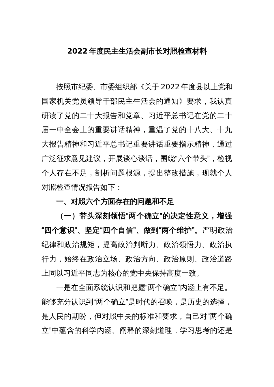 2022年度民主生活会副市长对照检查材料_第1页