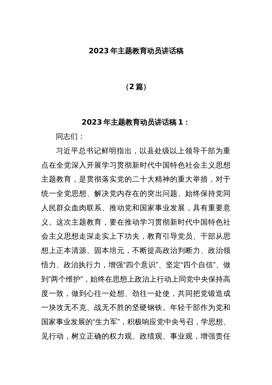 (2篇)2023年主题教育动员讲话稿_第1页