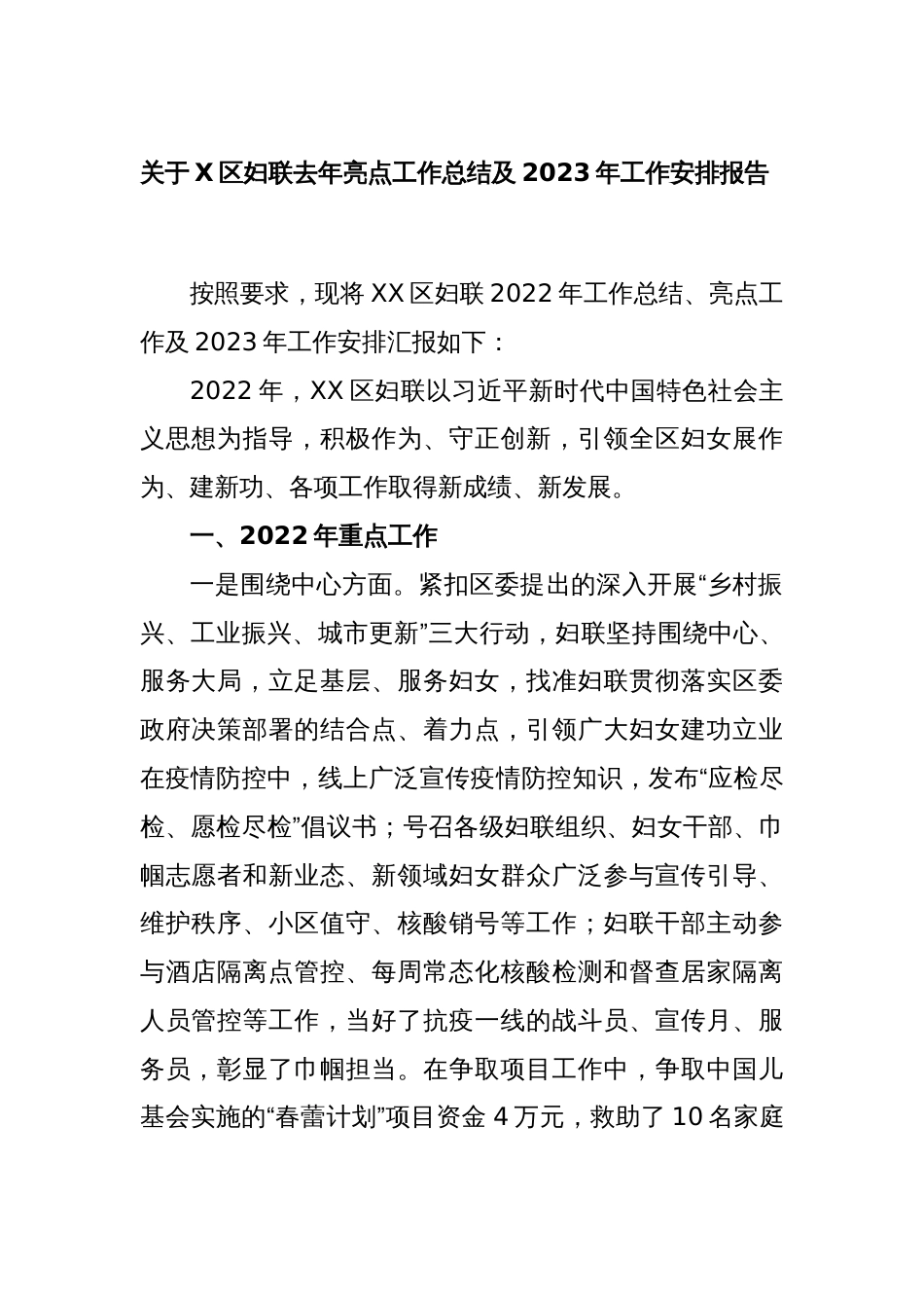 关于X区妇联去年亮点工作总结及2023年工作安排报告_第1页