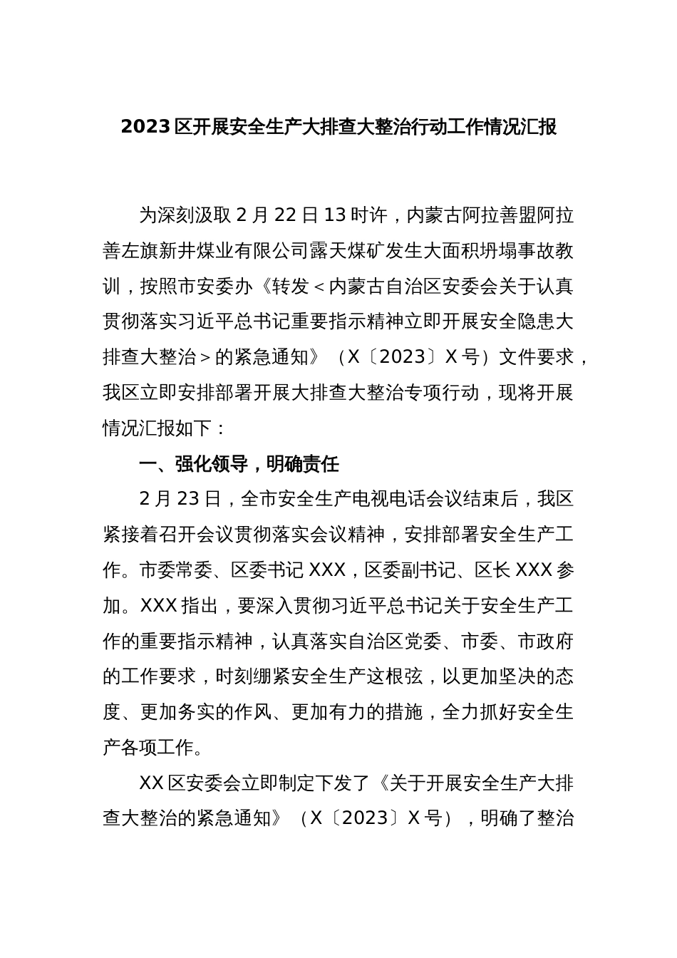 2023X区开展安全生产大排查大整治行动工作情况汇报_第1页