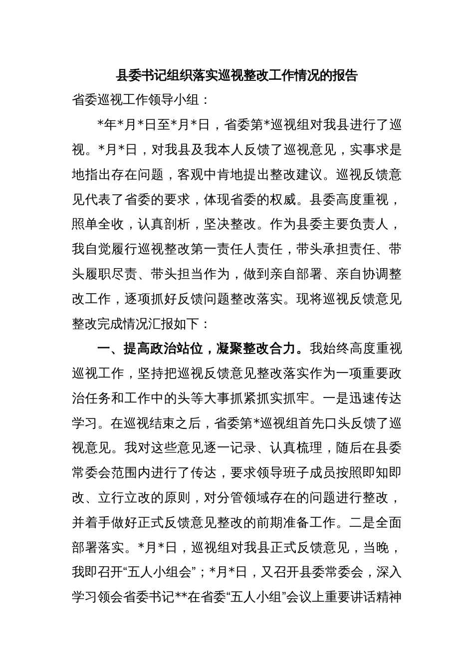 县委书记组织落实巡视整改工作情况的报告_第1页