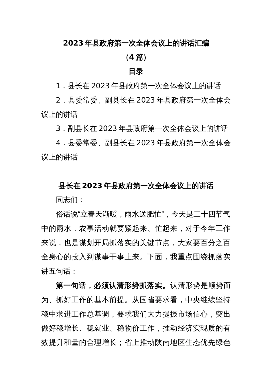 (4篇)2023年县政府第一次全体会议上的讲话汇编_第1页