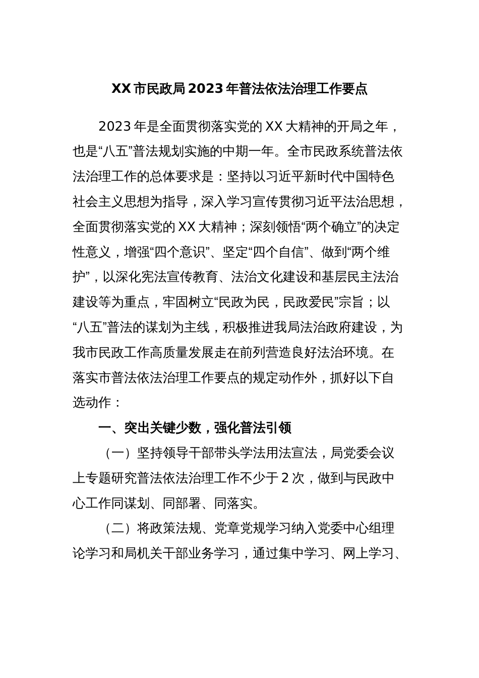 XX市民政局2023年普法依法治理工作要点_第1页