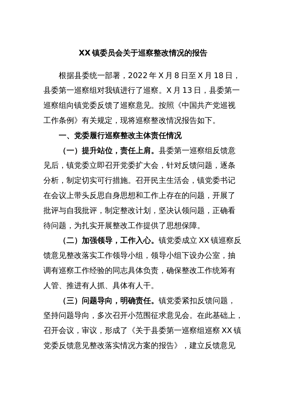 XX镇委员会关于巡察整改情况的报告_第1页