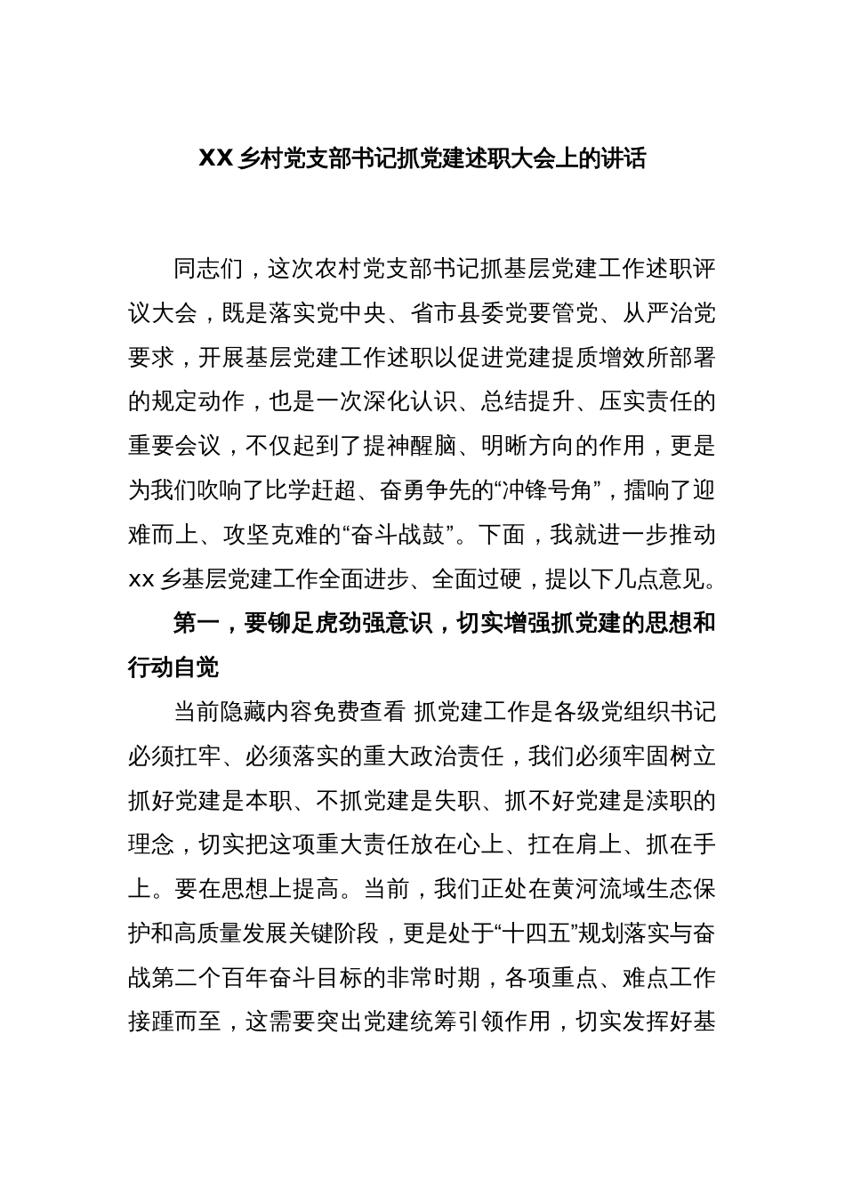 XX乡村党支部书记抓党建述职大会上的讲话_第1页