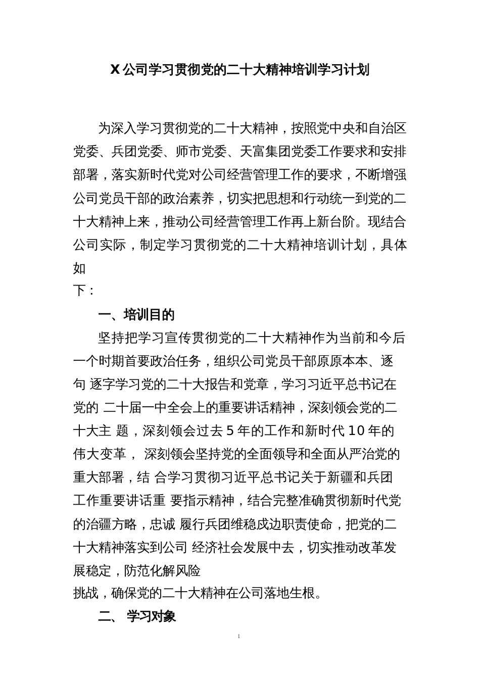 X公司学习贯彻党的二十大精神培训学习计划_第1页