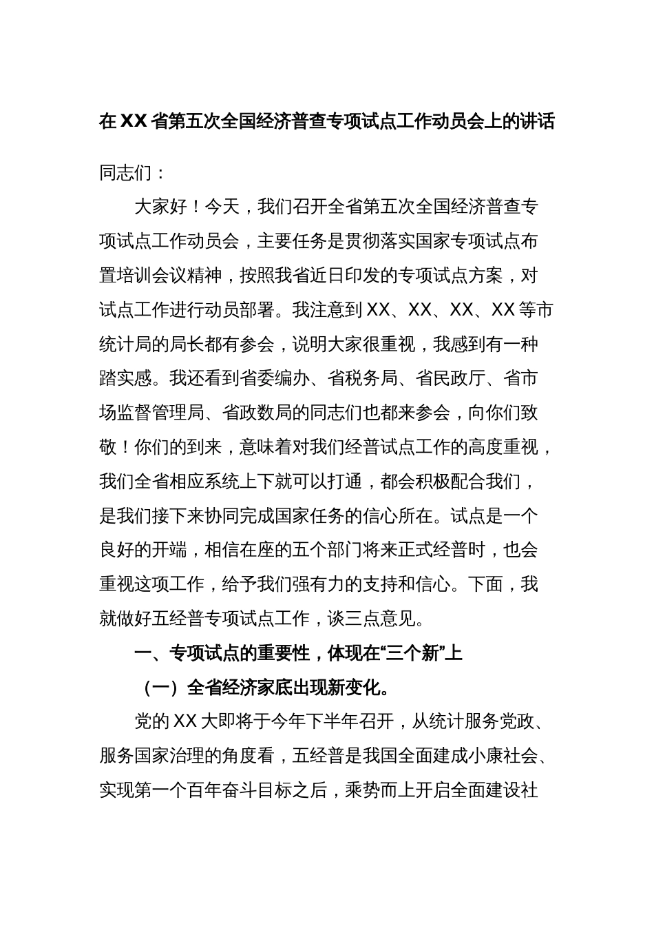 在XX省第五次全国经济普查专项试点工作动员会上的讲话_第1页