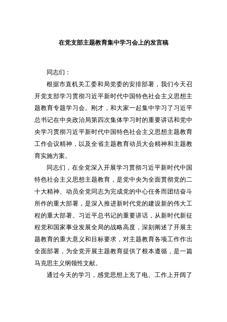 在党支部主题教育集中学习会上的发言稿_第1页