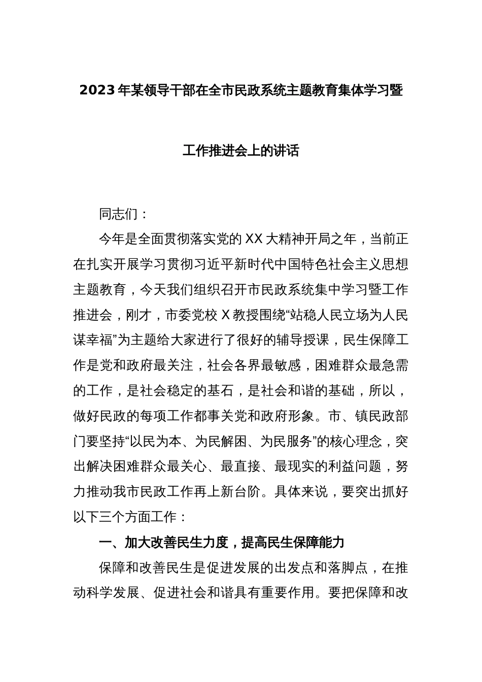 2023年某领导干部在全市民政系统主题教育集体学习暨工作推进会上的讲话_第1页