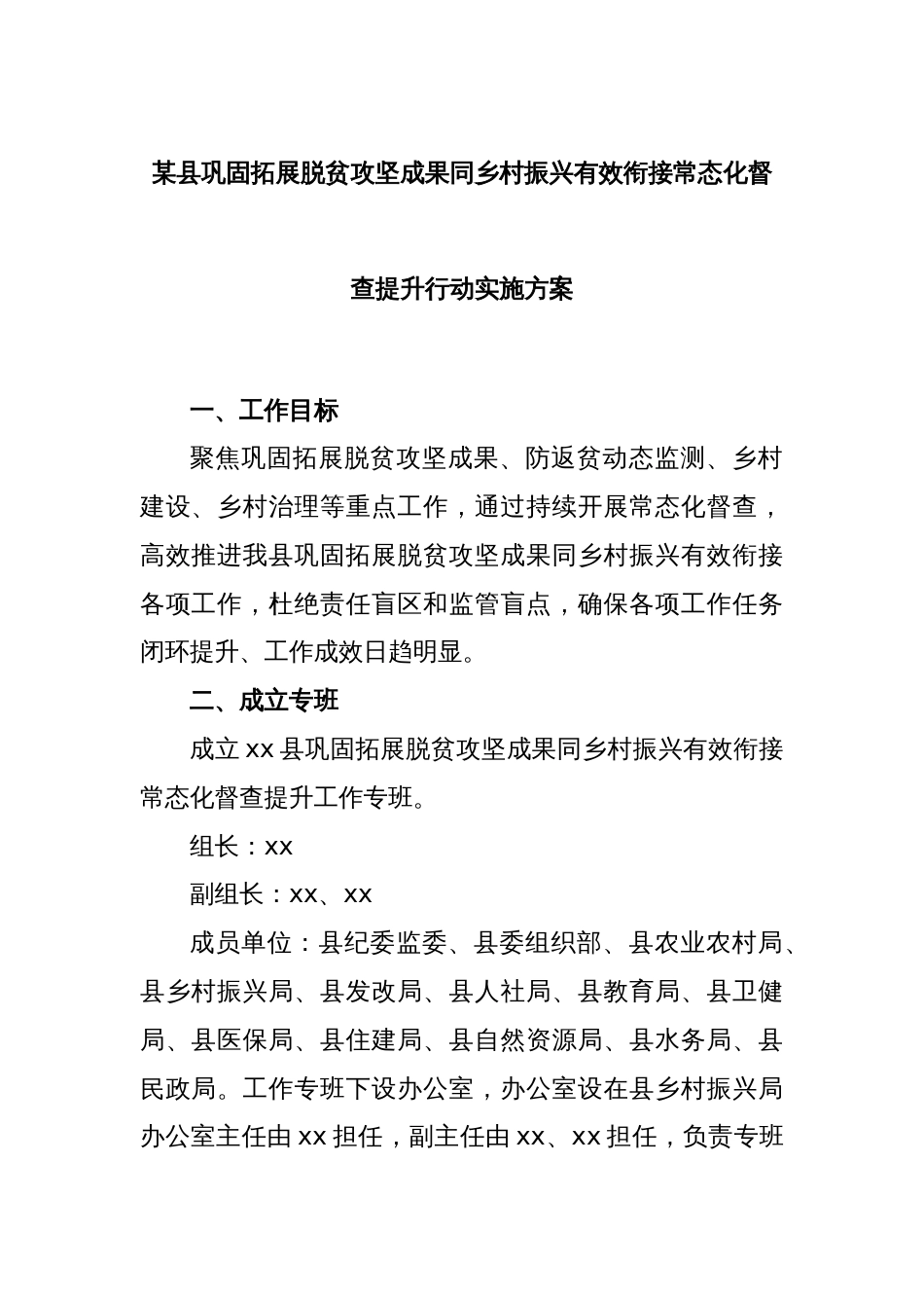 某县巩固拓展脱贫攻坚成果同乡村振兴有效衔接常态化督查提升行动实施方案_第1页