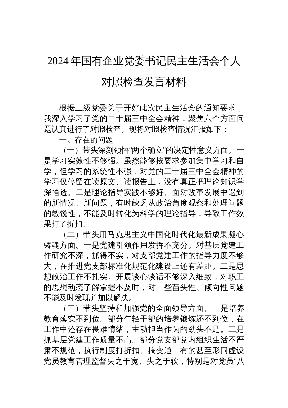 2024年国有企业党委书记民主生活会个人对照检查发言材料_第1页