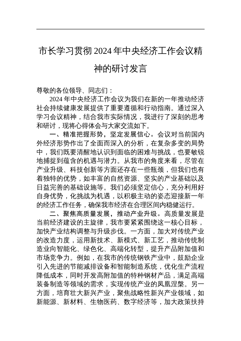 市长学习贯彻2024年中央经济工作会议精神的研讨发言_第1页