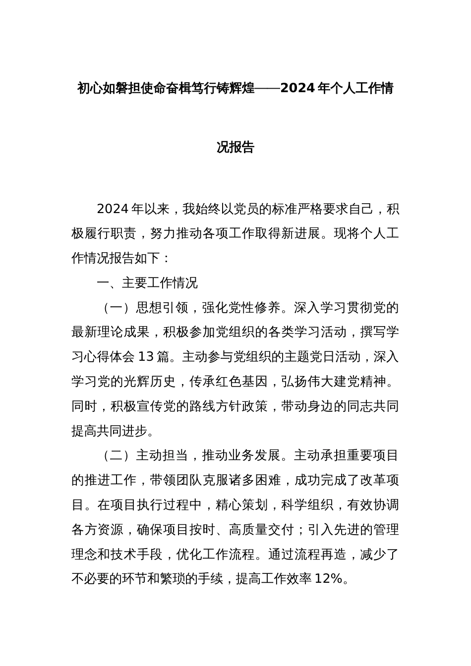 初心如磐担使命奋楫笃行铸辉煌——2024年个人工作情况报告_第1页