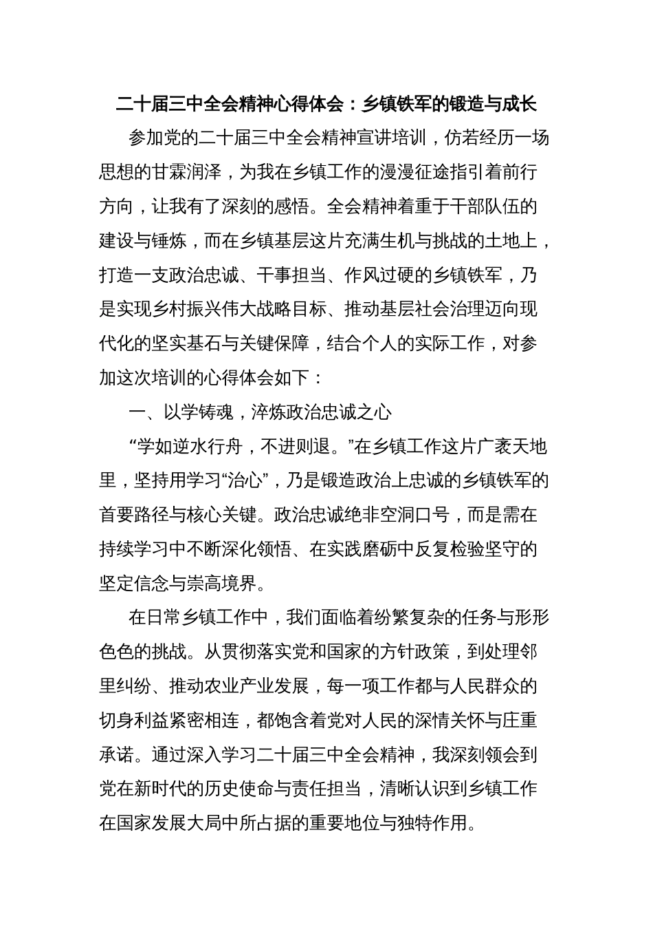 二十届三中全会精神心得体会：乡镇铁军的锻造与成长_第1页