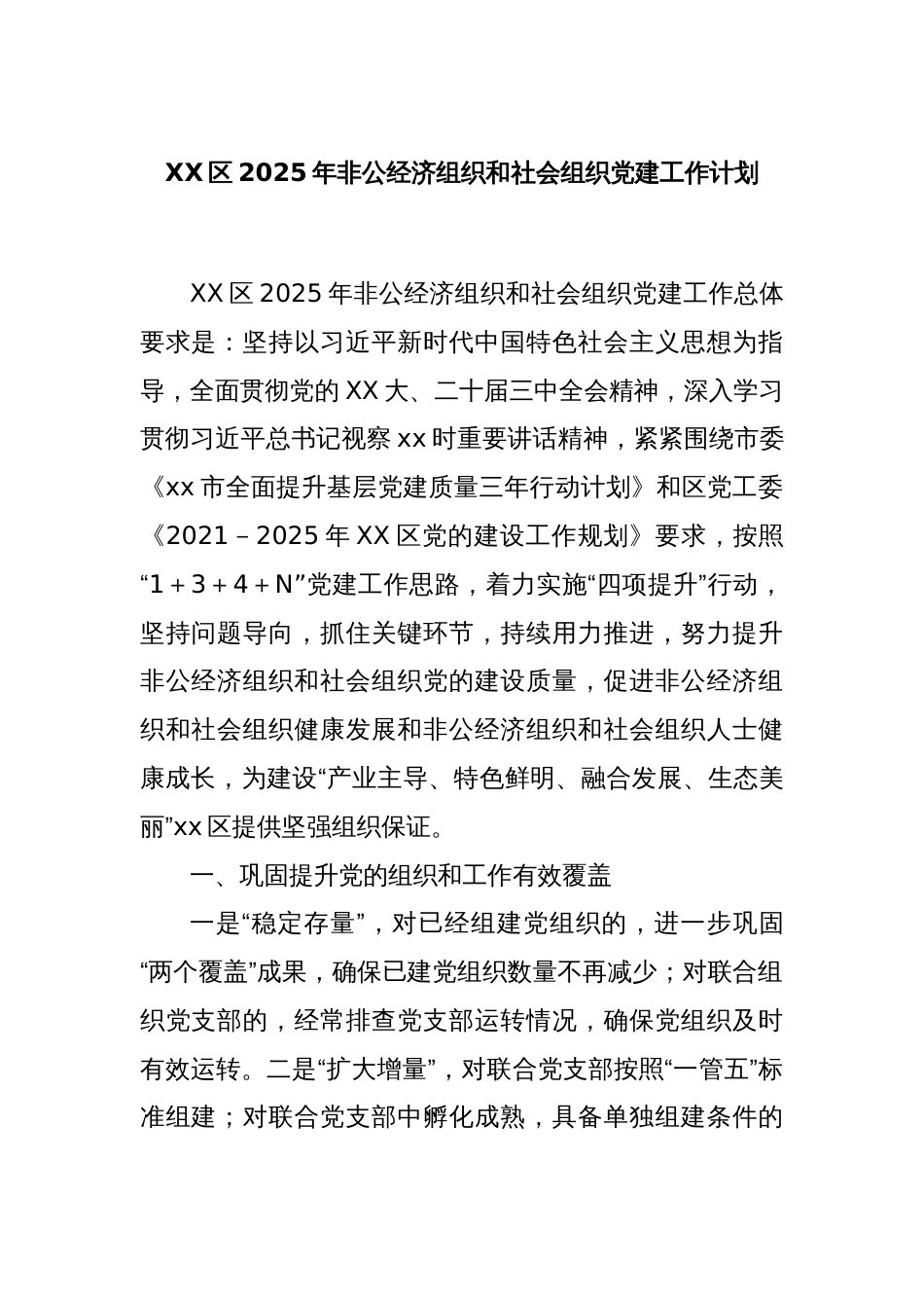 XX区2025年非公经济组织和社会组织党建工作计划_第1页