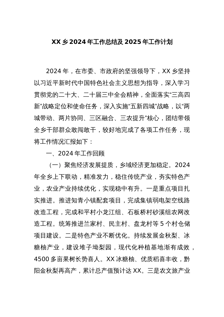 XX乡2024年工作总结及2025年工作计划_第1页