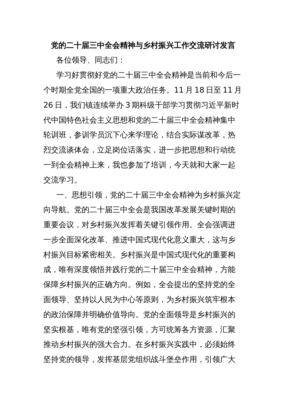 党的二十届三中全会精神与乡村振兴工作交流研讨发言_第1页