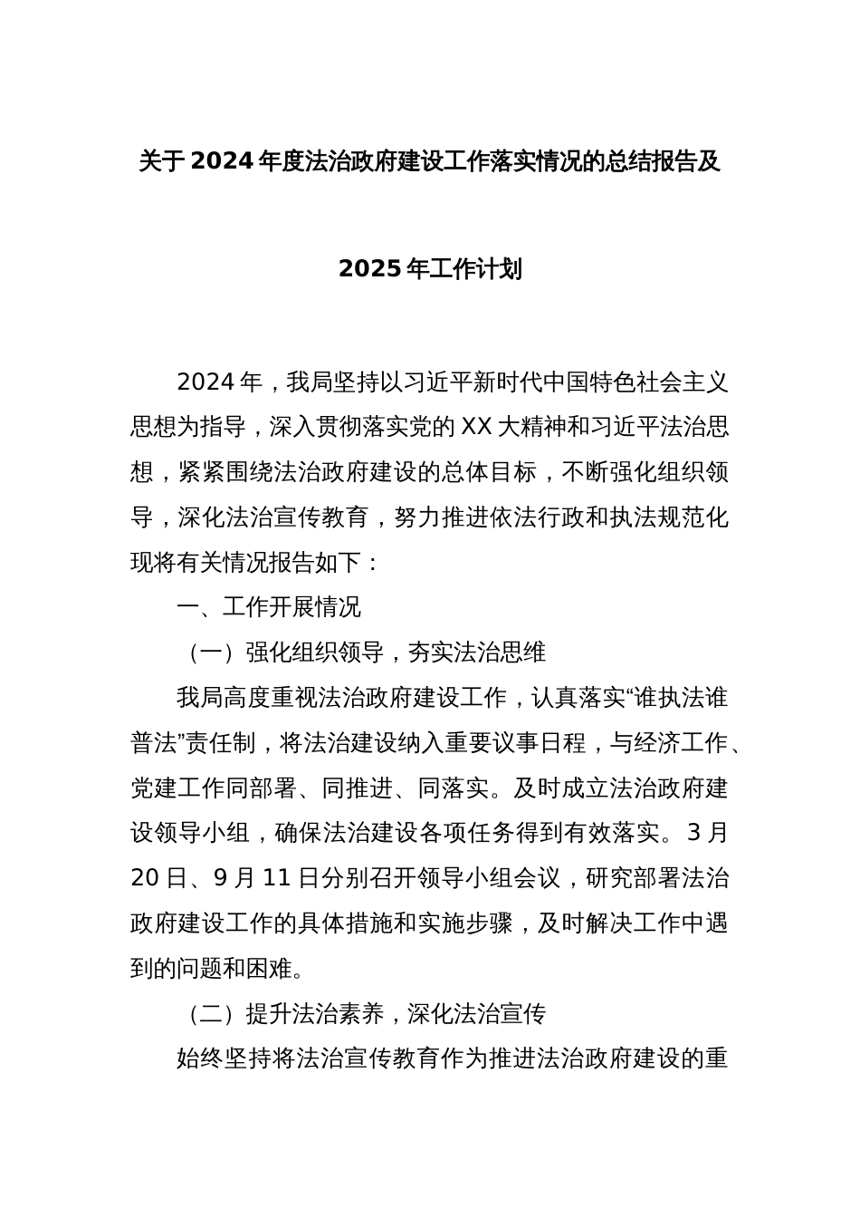 关于2024年度法治政府建设工作落实情况的总结报告及2025年工作计划_第1页