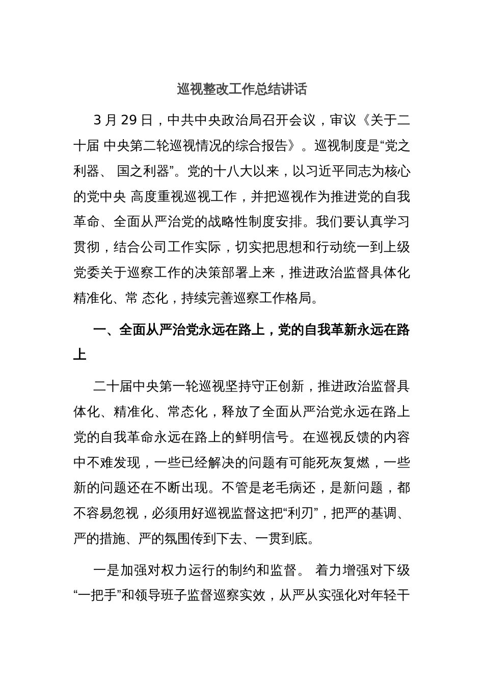 巡视整改工作总结讲话_第1页