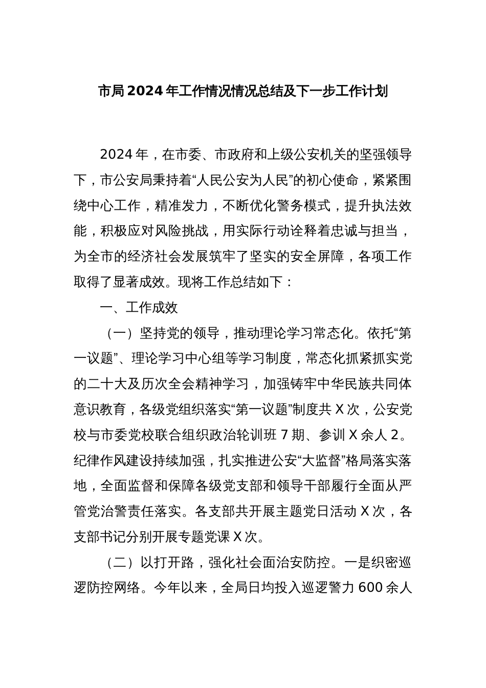 市局2024年工作情况情况总结及下一步工作计划_第1页