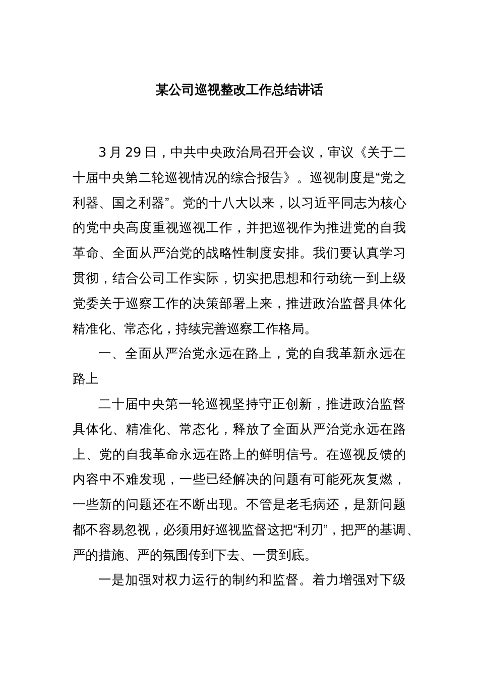 某公司巡视整改工作总结讲话_第1页