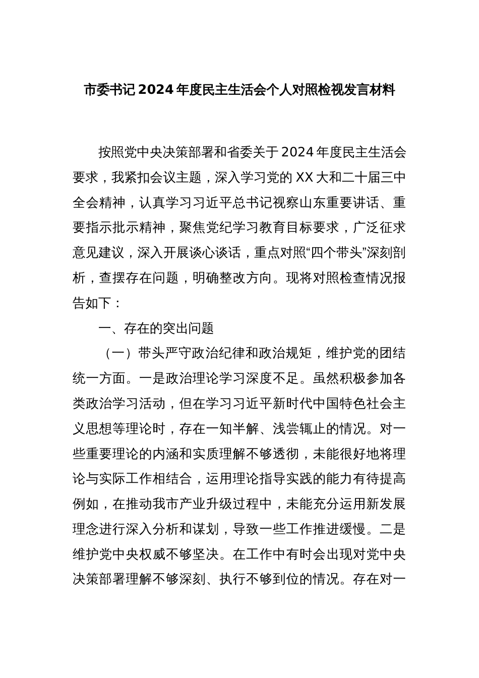 市委书记2024年度民主生活会个人对照检视发言材料_第1页