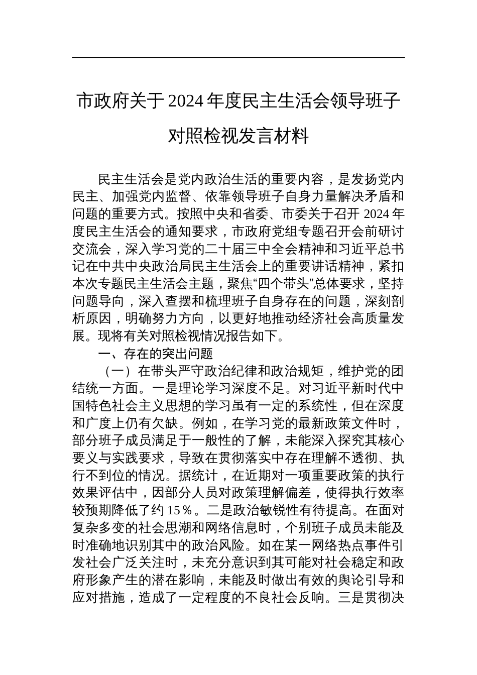 市政府关于2024年度民主生活会领导班子对照检查检视发言材料_第1页