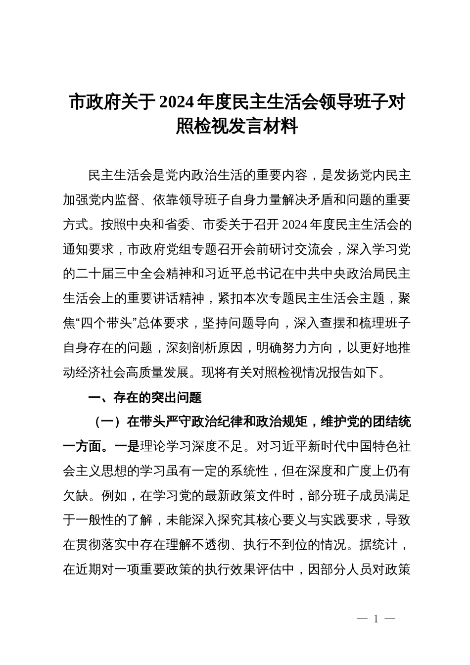 市政府关于2024年度民主生活会领导班子对照检视发言材料_第1页