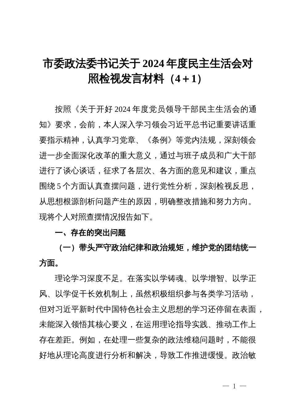 市委政法委书记关于2024年度民主生活会对照检视发言材料_第1页