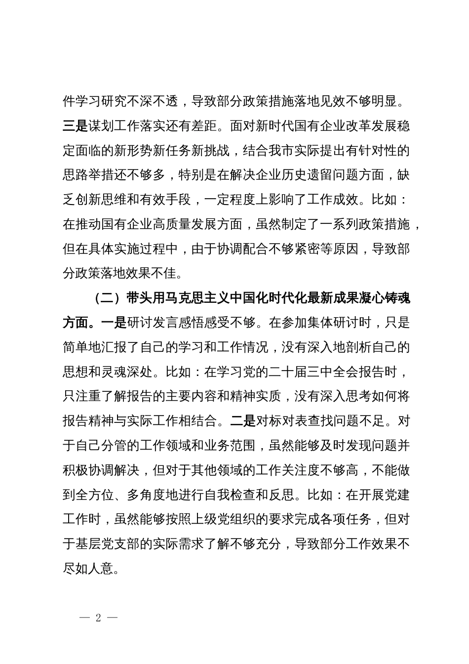 市国资委党委书记2024年度民主生活会个人对照检查材料_第2页