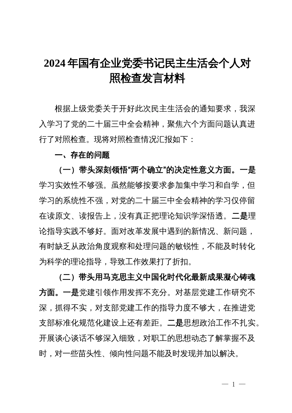 2024年度国有企业党委书记民主生活会个人对照检查发言材料_第1页