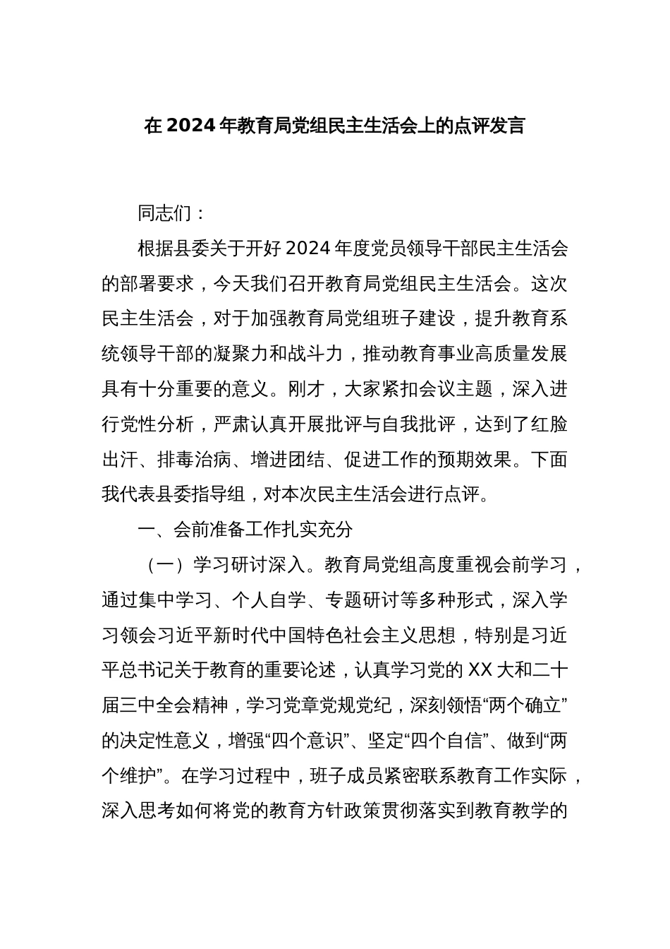 在2024年教育局党组民主生活会上的点评发言_第1页