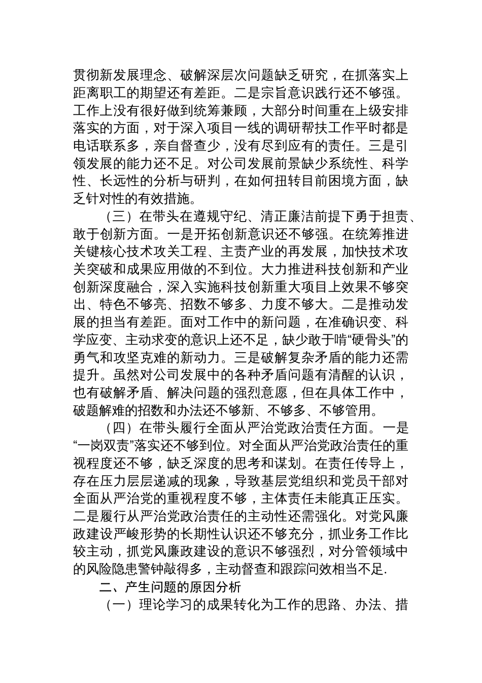 国企2024年度民主生活会领导班子对照检查发言材料_第2页