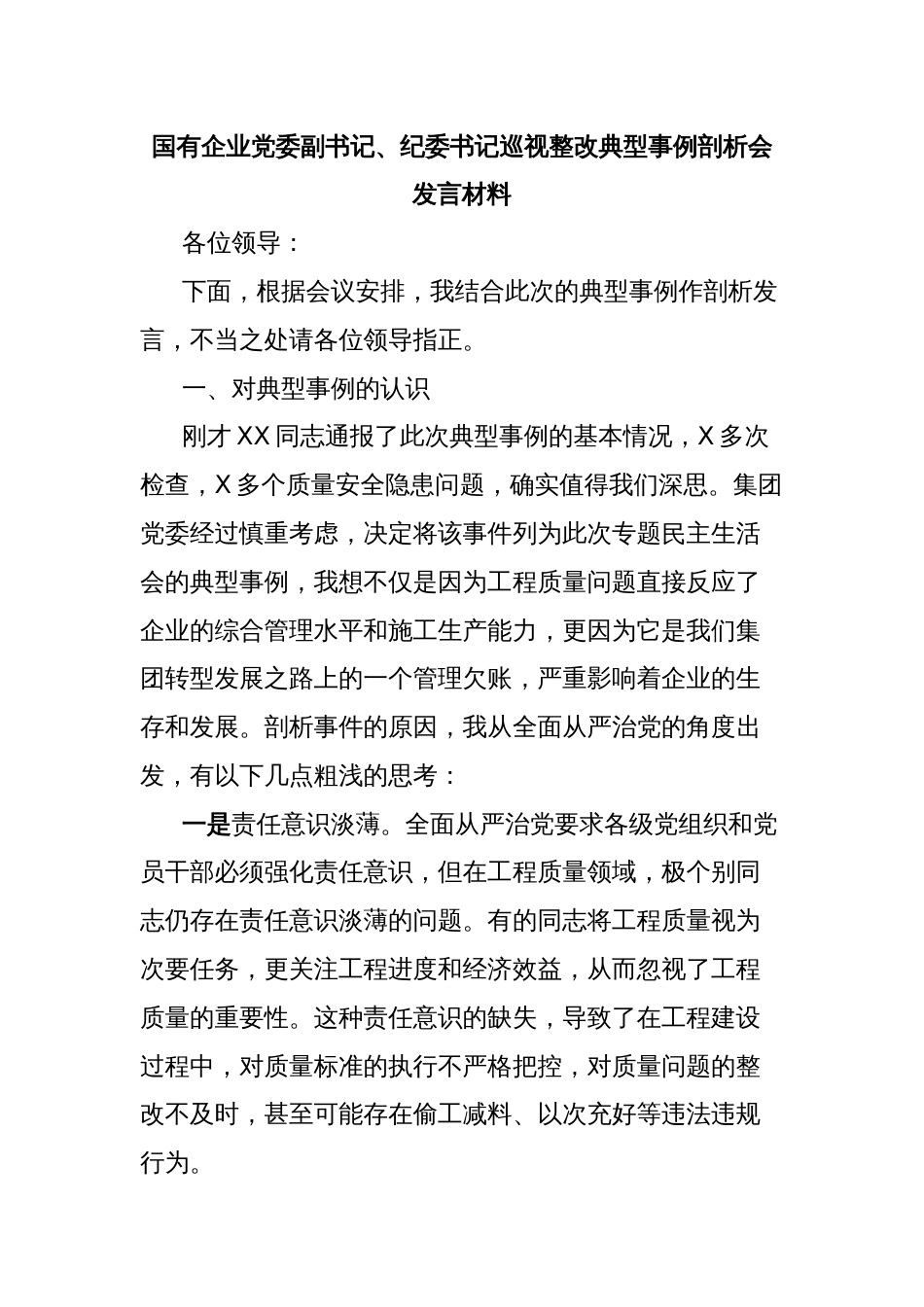 国有企业党委副书记、纪委书记巡视整改典型事例剖析会发言材料_第1页