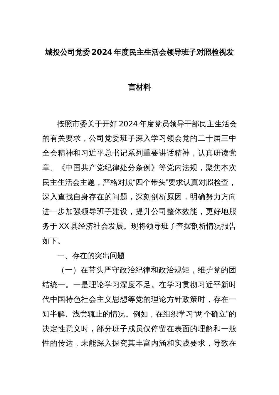 城投公司党委2024年度民主生活会领导班子对照检视发言材料_第1页