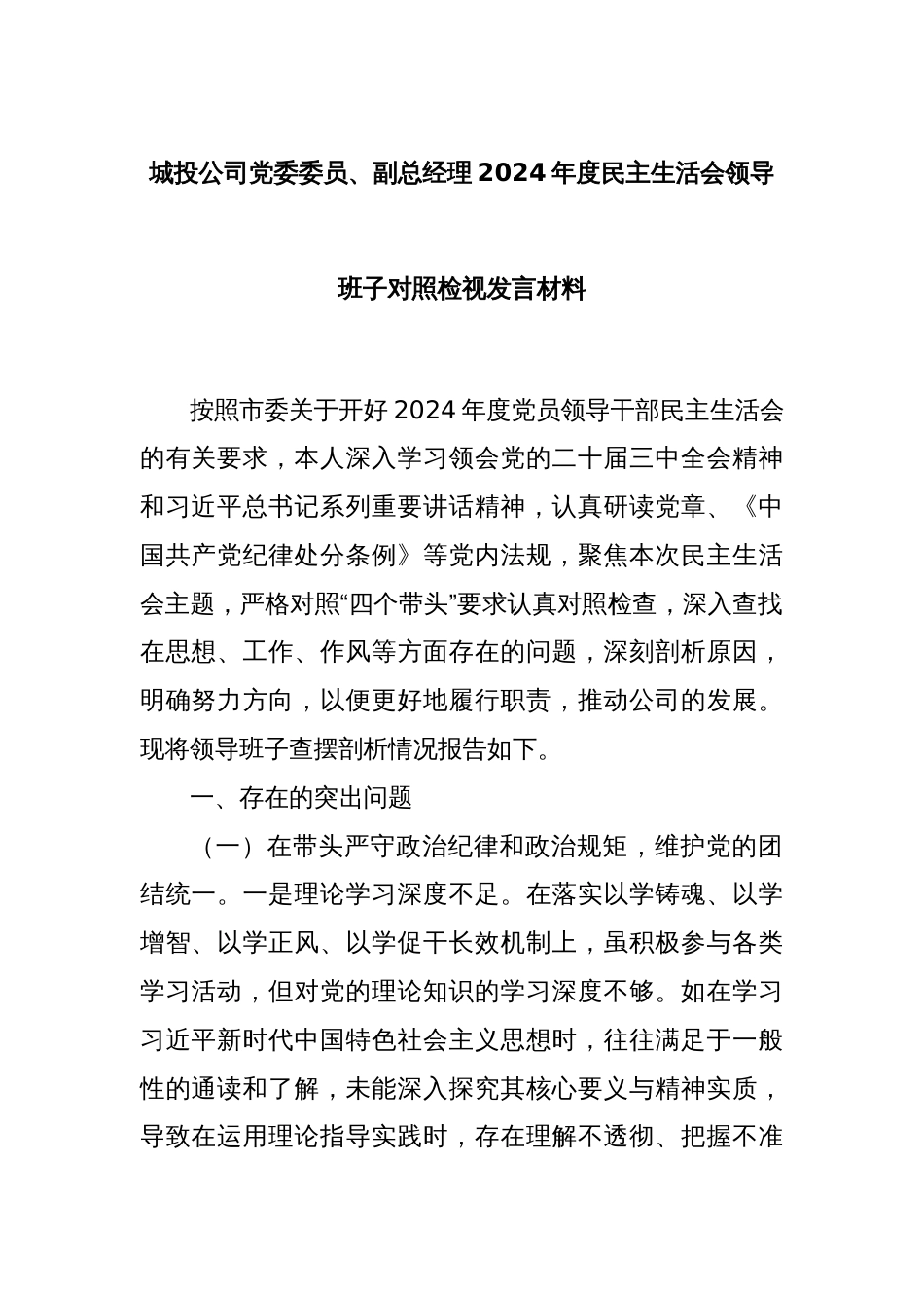 城投公司党委委员、副总经理2024年度民主生活会领导班子对照检视发言材料_第1页