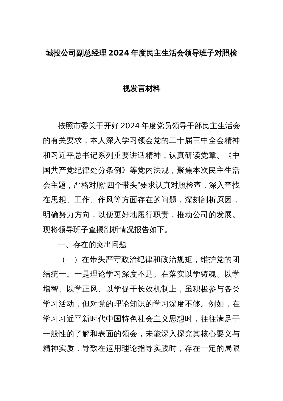 城投公司副总经理2024年度民主生活会领导班子对照检视发言材料_第1页