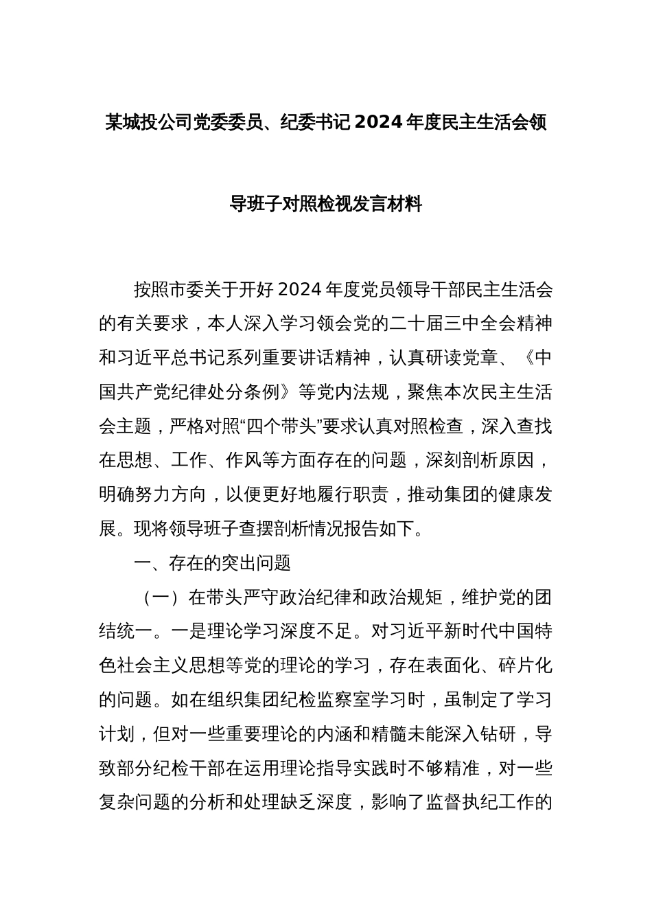 某城投公司党委委员、纪委书记2024年度民主生活会领导班子对照检视发言材料_第1页