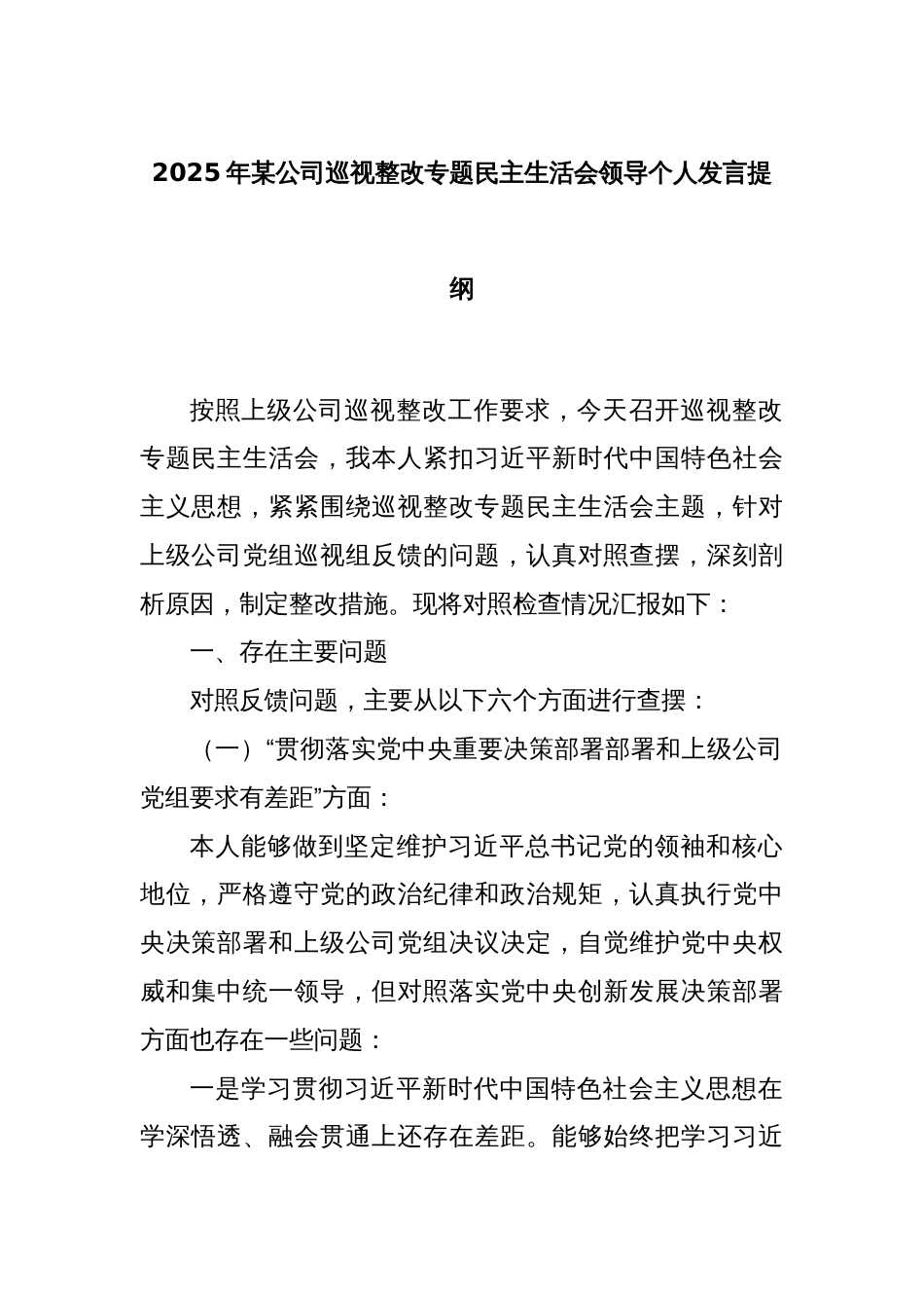 2025年某公司巡视整改专题民主生活会领导个人发言提纲_第1页