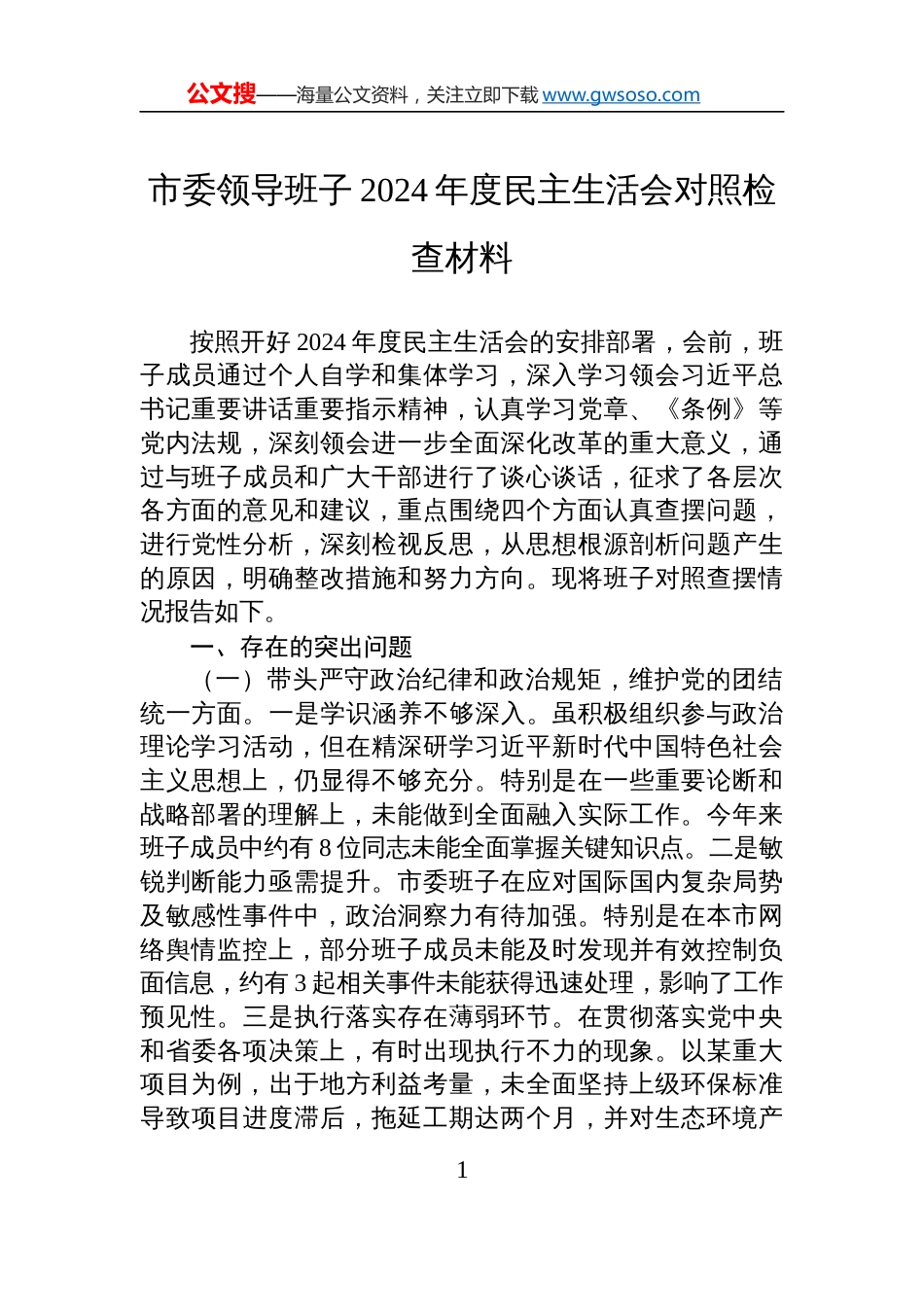 市委领导班子2024年度民主生活会对照检查剖析发言材料_第1页