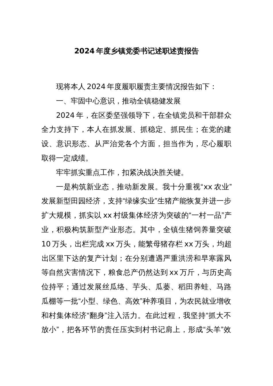 2024年度乡镇党委书记述职述责报告_第1页