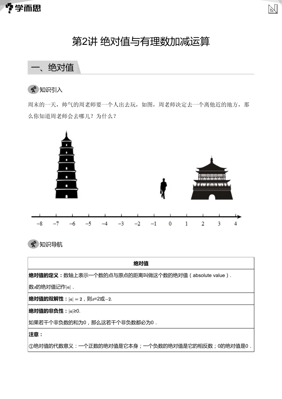 【初中数学-初一暑】第2讲 绝对值与有理数加减运算(教师版)_第1页