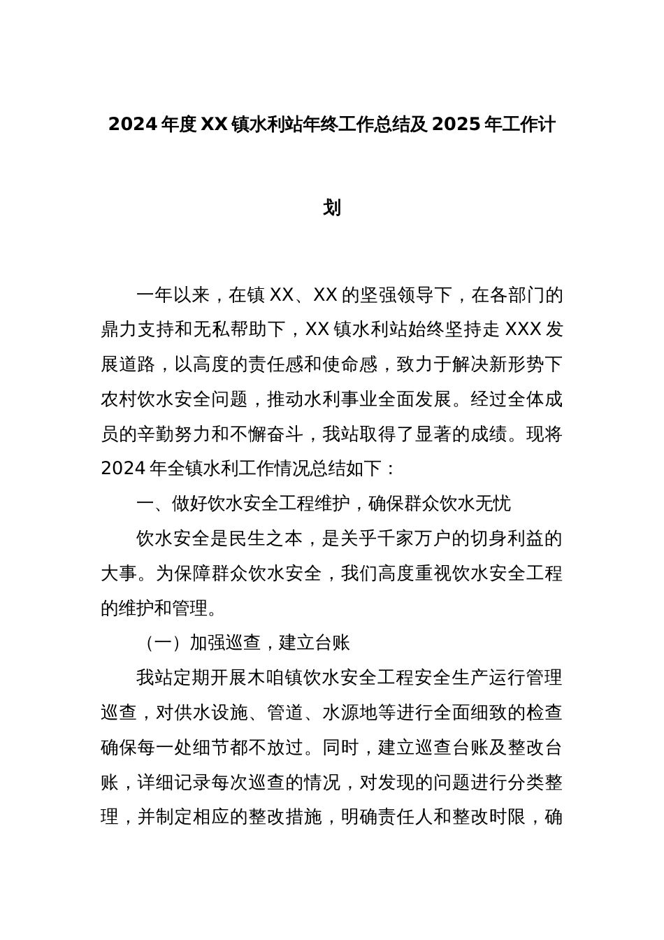 2024年度XX镇水利站年终工作总结及2025年工作计划_第1页
