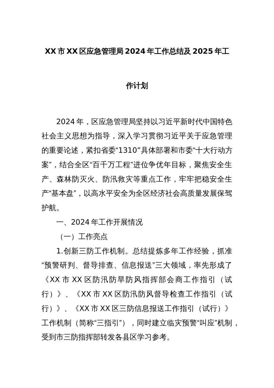 XX市XX区应急管理局2024年工作总结及2025年工作计划_第1页