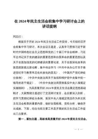 在2024年民主生活会前集中学习研讨会上的讲话提纲