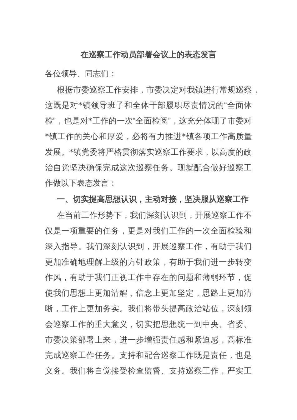 在巡察工作动员部署会议上的表态发言_第1页